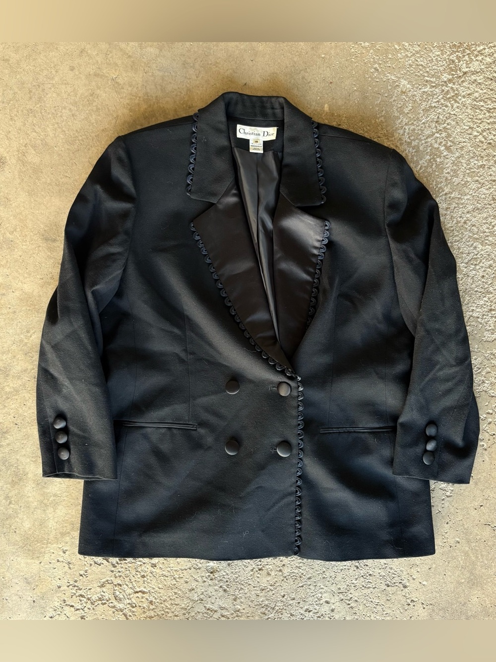 VTG Christian Dior Womens Double Breasted Blazer Jacket 18 Black Wool Satin Trim
